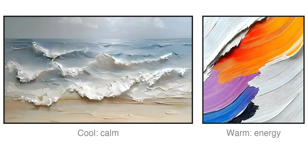 Cool versus warm color mood comparison in abstract art: a calm misty blue and white textured seascape painting beside an energetic orange, red and purple impasto abstract canvas.