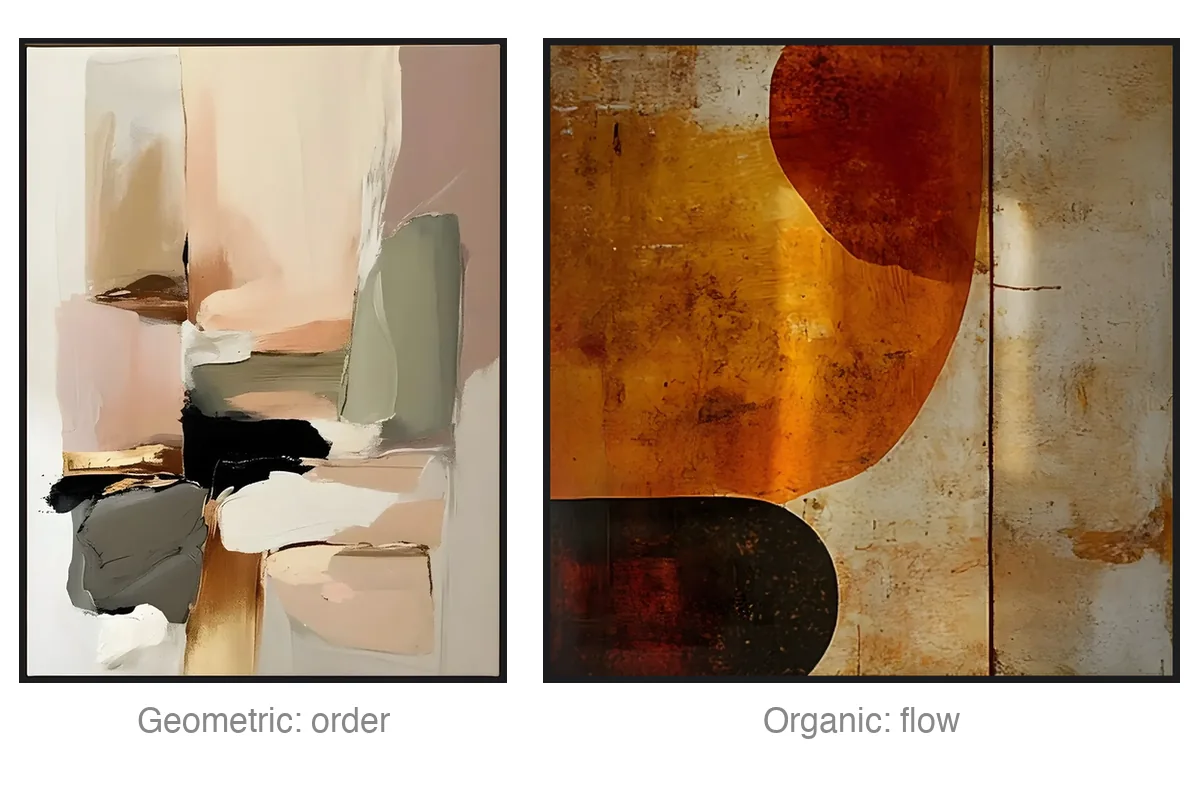 Geometric versus organic shapes in abstract art: a structured blush and sage color-block minimalist painting beside flowing burnt orange organic shapes on a mid-century abstract canvas.