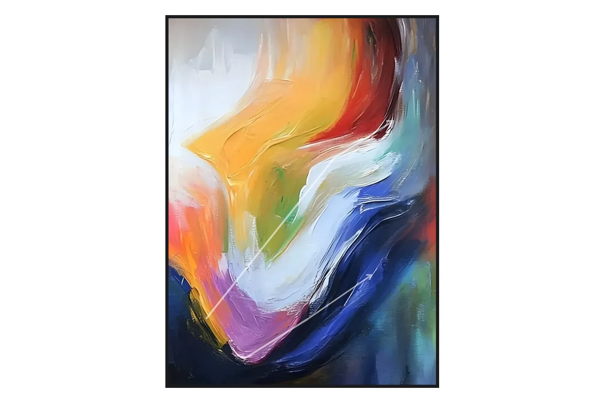 Close-up of an abstract painting with white arrows tracing the eye path along flowing cobalt, amber, red and yellow brushstrokes, showing how lines guide the viewer across the canvas.