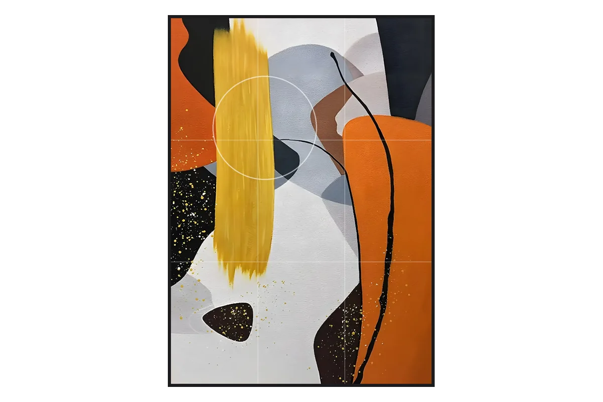 Abstract painting overlaid with a rule of thirds grid and a circle marking the focal point on a bold yellow brushstroke, illustrating composition and visual balance in abstract art.