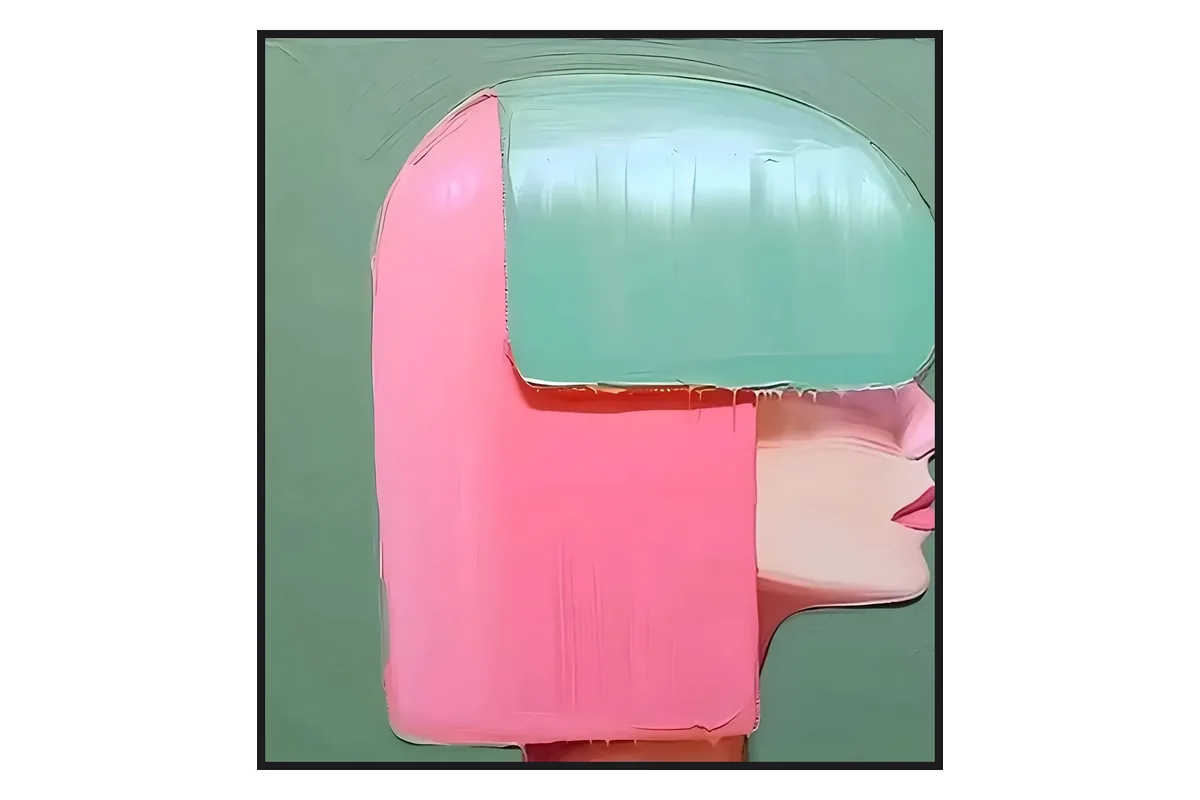 Minimalist abstract art example: blush pink and mint lady profile painting with generous sage green negative space, showing how empty space lets a simple abstract composition breathe on the wall.