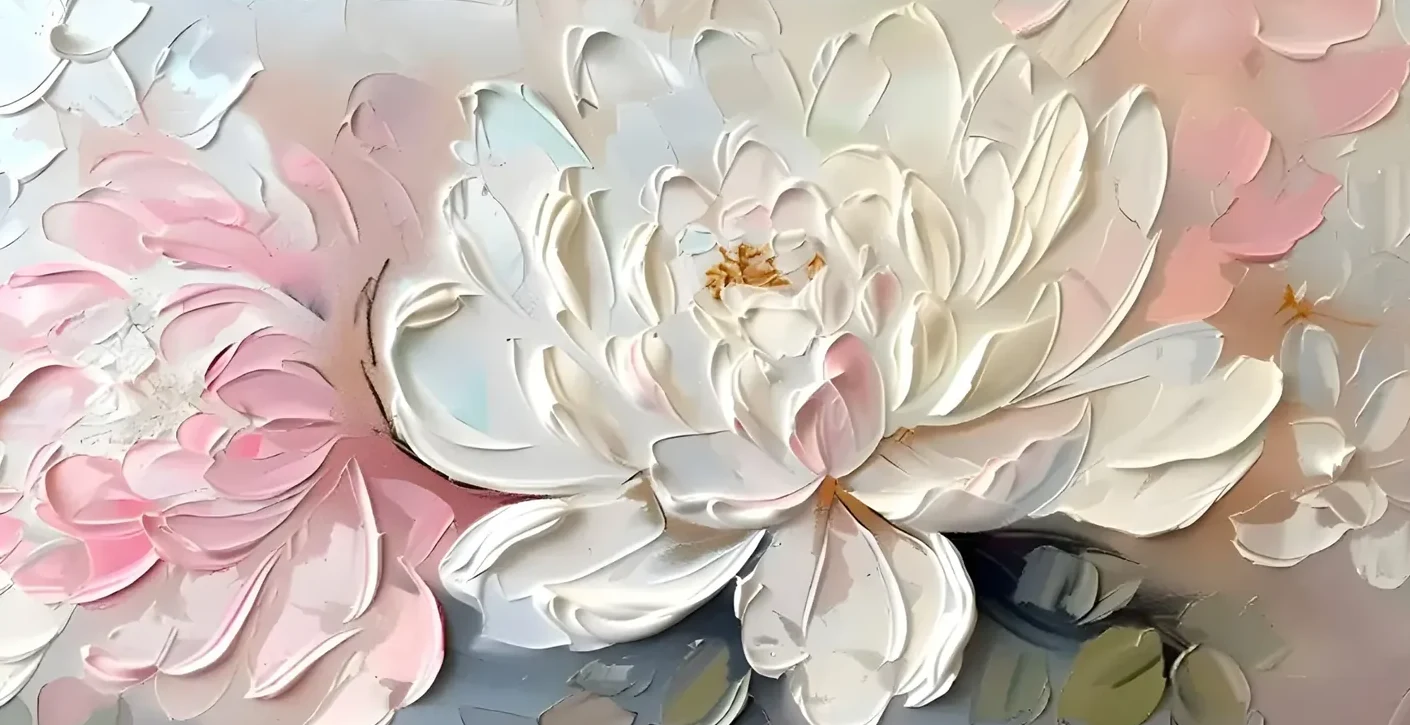 Macro detail of heavy impasto texture in an abstract floral painting, with sculptural palette-knife ridges of pink and white paint casting real shadows under natural side light.