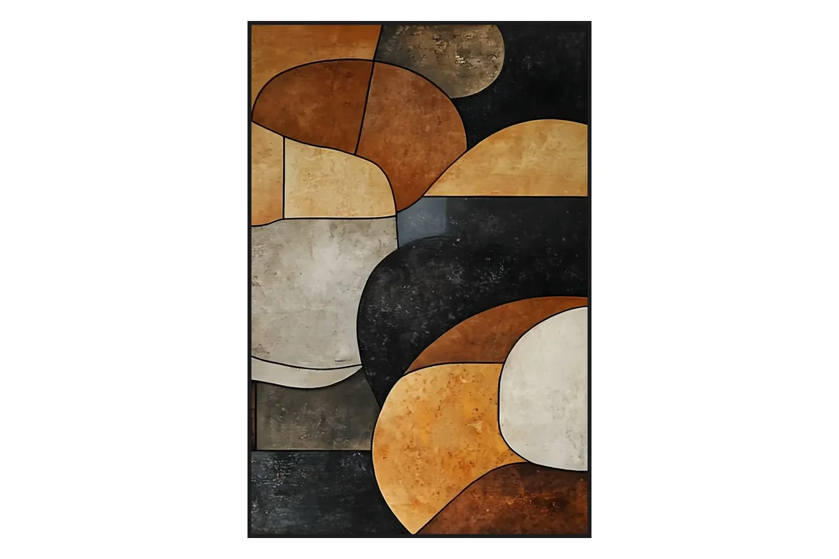 Geometric abstraction example: mid-century abstract painting with interlocking rust, ochre, charcoal and cream curved shapes outlined in black, showing structure and order in abstract art.