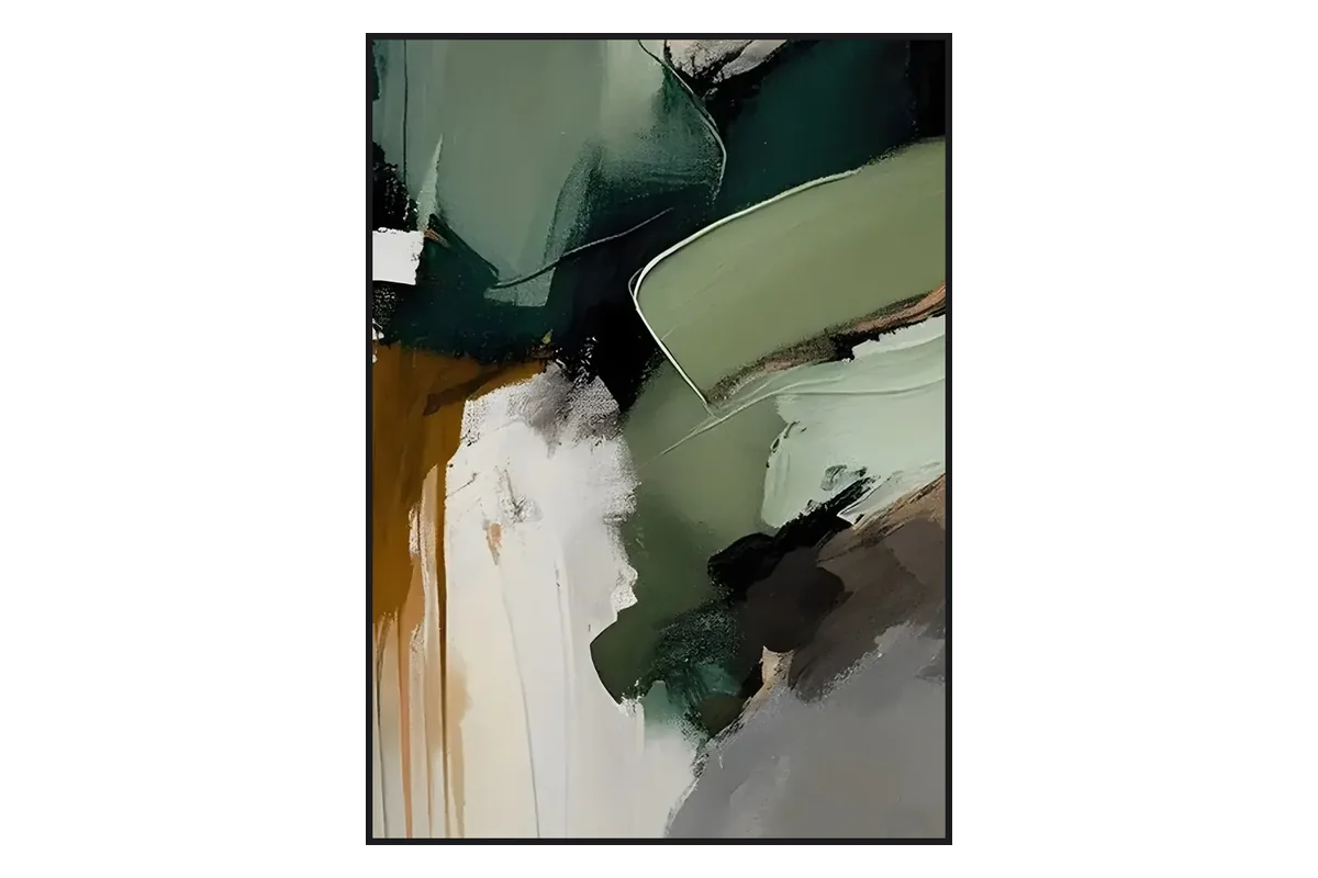 Color field style abstract painting with soft layered washes of sage green, olive, cream and gray blending into quiet fields of color, a calming example of layered color in abstract art.