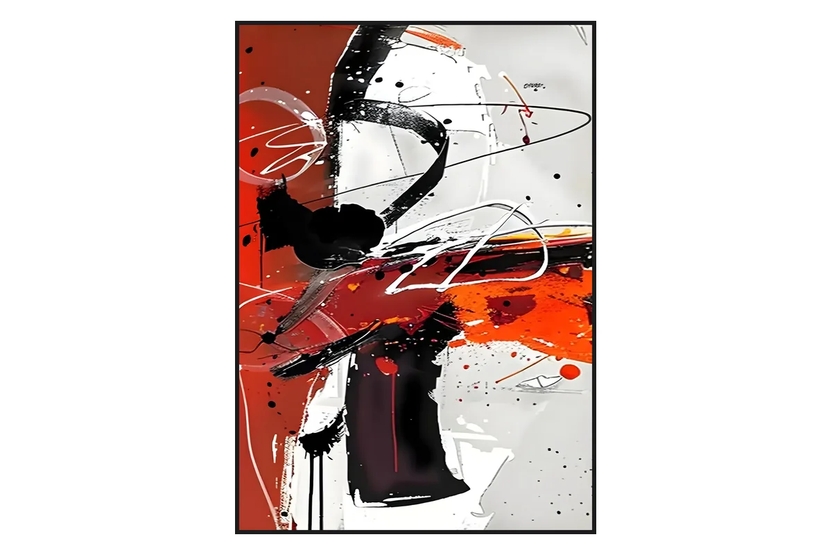 Gestural action painting example: energetic abstract expressionist canvas with crimson, black and orange sweeping brushstrokes, drips and splatters that record the artist's physical movement.