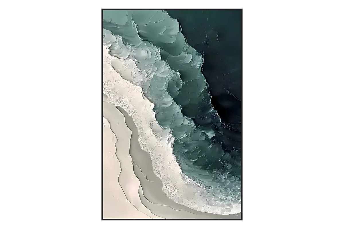 Lyrical abstraction example: teal and white textured abstract painting evoking mist and flowing water through soft color transitions and palette-knife relief, without depicting a literal scene.