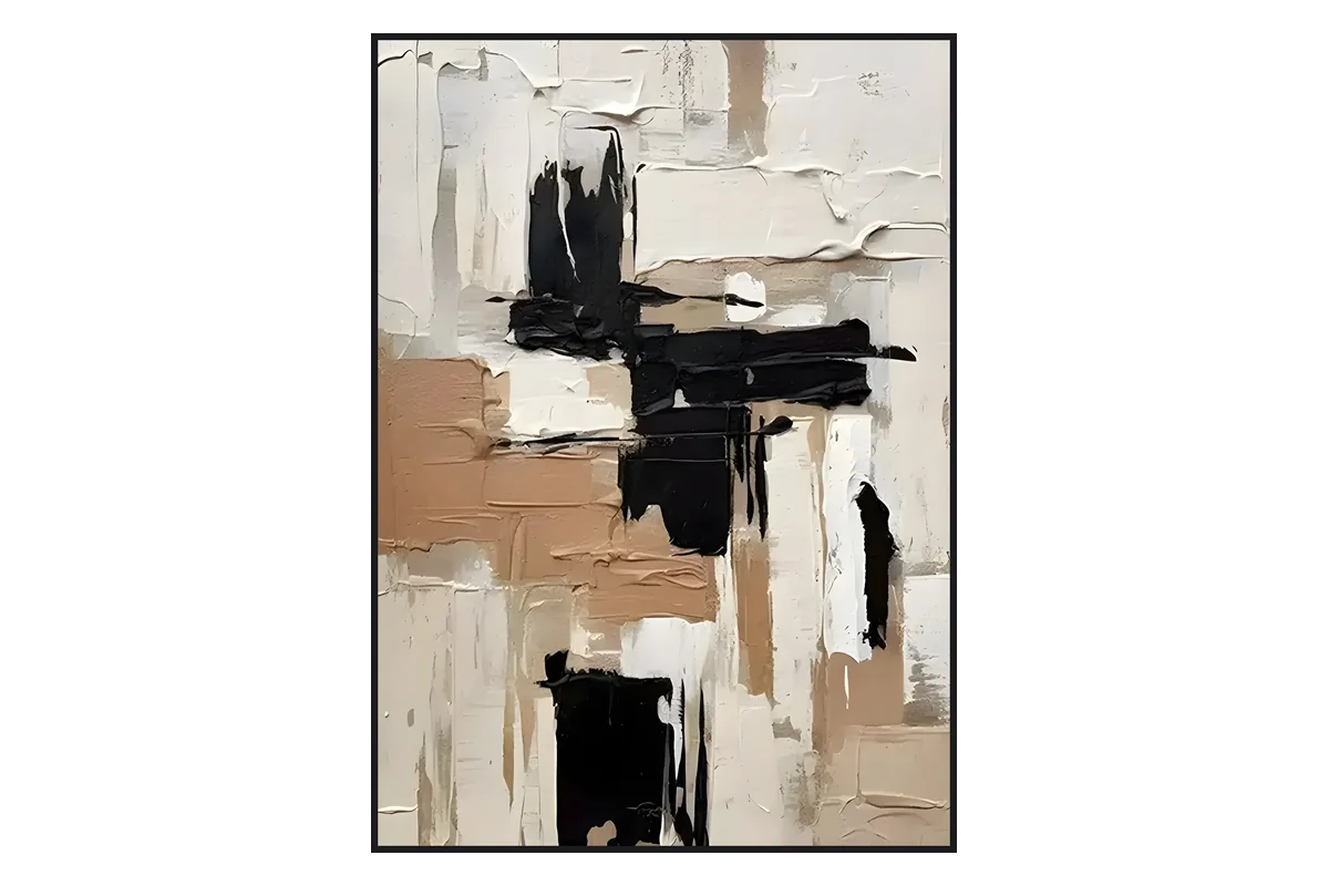 Minimalist abstract painting in cream and charcoal plasterwork with bold black palette-knife strokes and heavy texture, showing how a restricted palette and negative space create quietude.