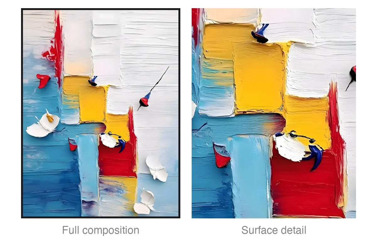 Bold red, yellow and blue blocks relief painting shown as a full composition beside a macro crop of its thick palette-knife texture, geometric structure with an organic handmade surface.