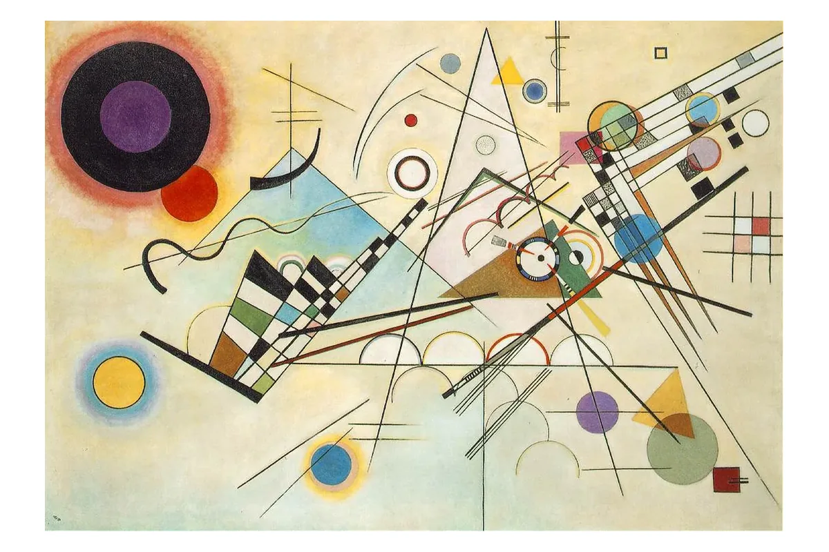 Composition VIII by Wassily Kandinsky, 1923, a famous example of abstract art built from geometric circles, triangles and lines, oil on canvas, via Wikimedia Commons, public domain.