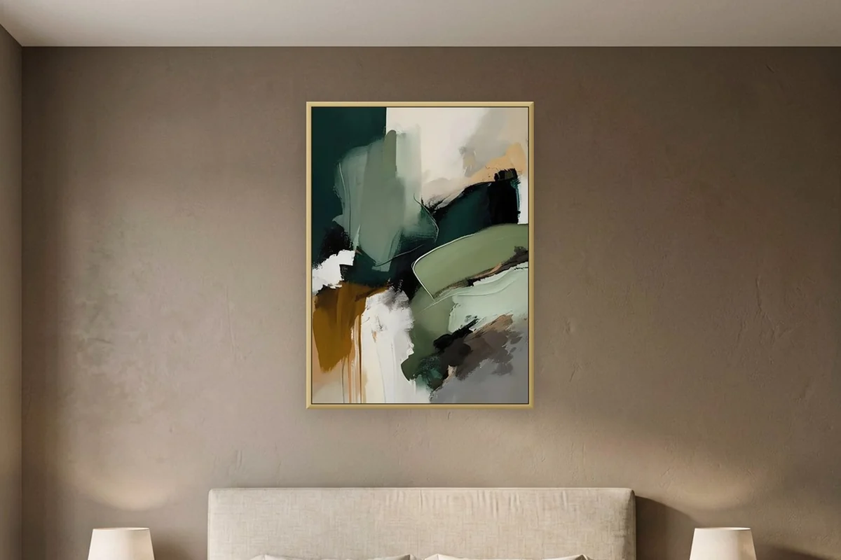 Sage and olive earthy abstract canvas painting hung above the bed in a warm luxe bedroom, showing how low-saturation abstract wall art turns a bedroom accent wall into a restful focal point.