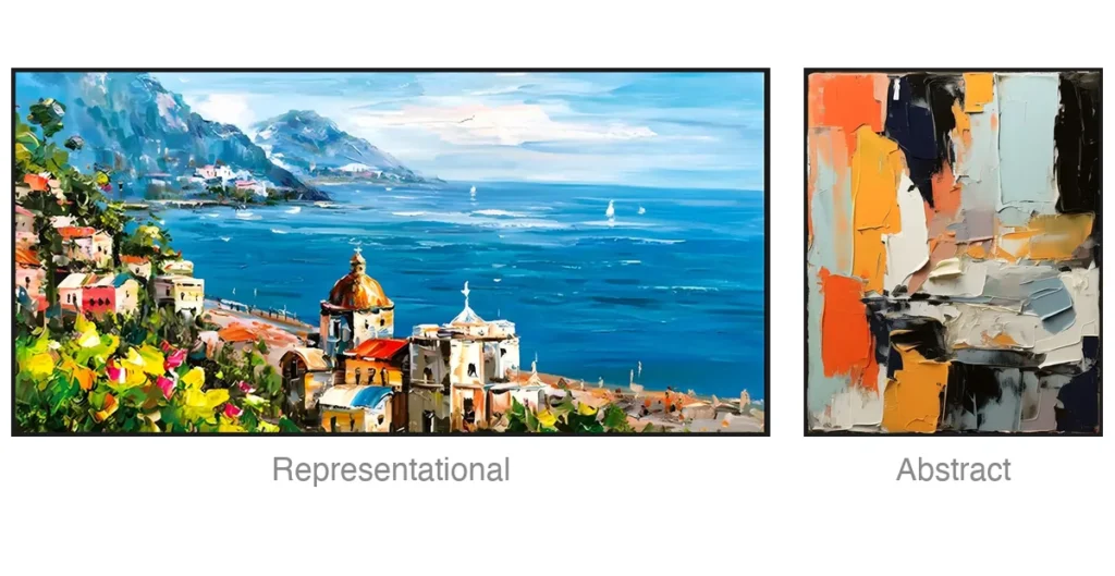 Side by side comparison of representational versus abstract art: an impressionist Mediterranean coastal village painting next to a navy and burnt orange abstract canvas in the same color palette.