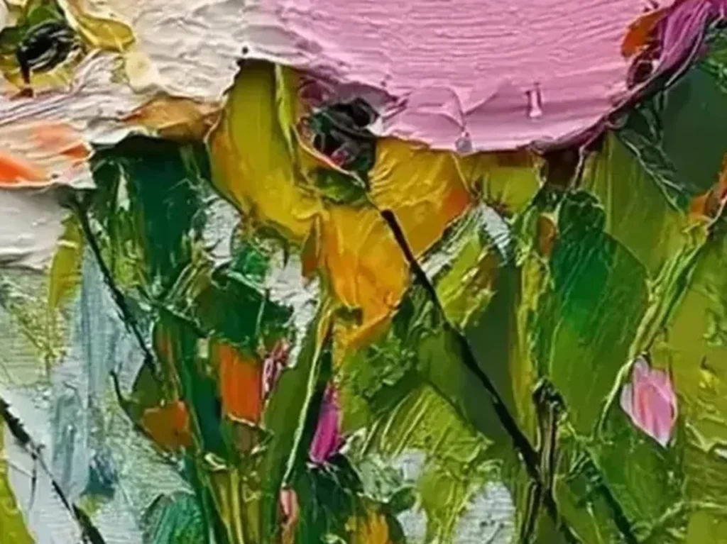Close-up of the palette-knife petals in CA02, showing thick magenta, golden-yellow, and white oil slabs standing off the canvas.