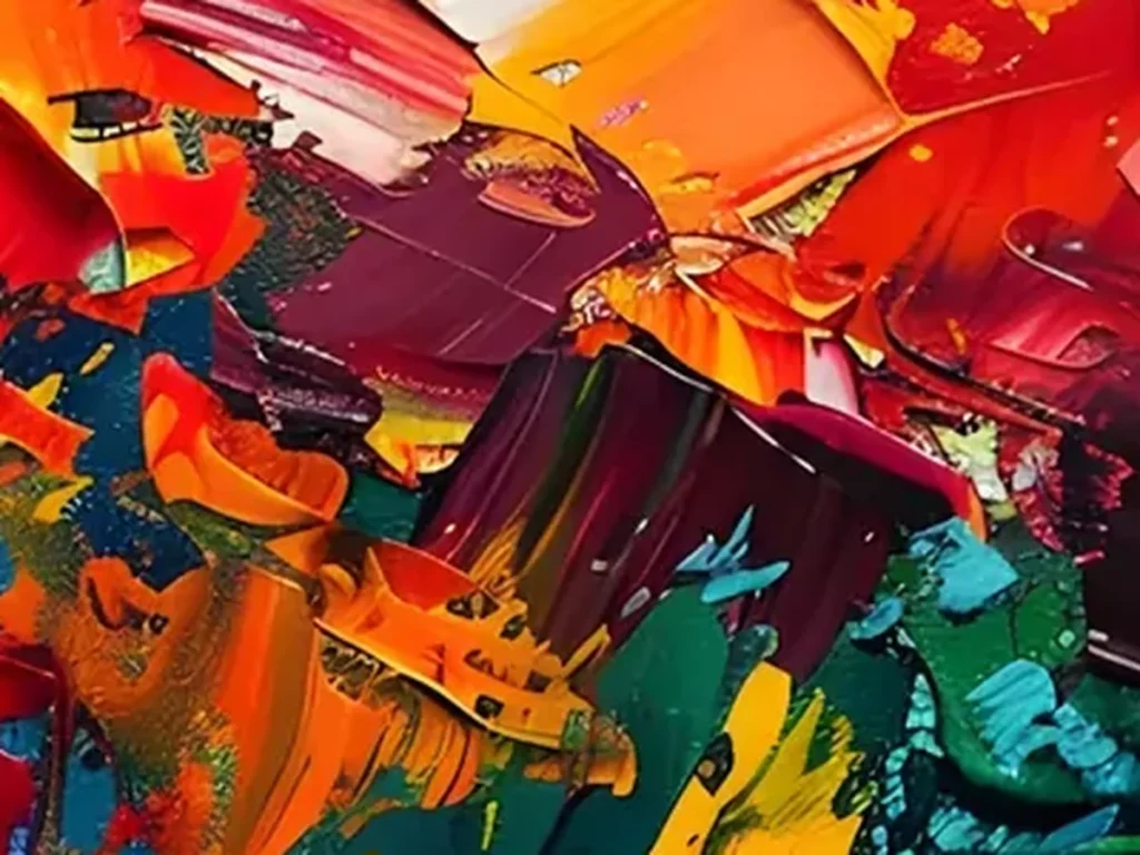 Close-up of thick palette knife ridges in teal, orange, and magenta oil paint on colorful abstract canvas CA03.