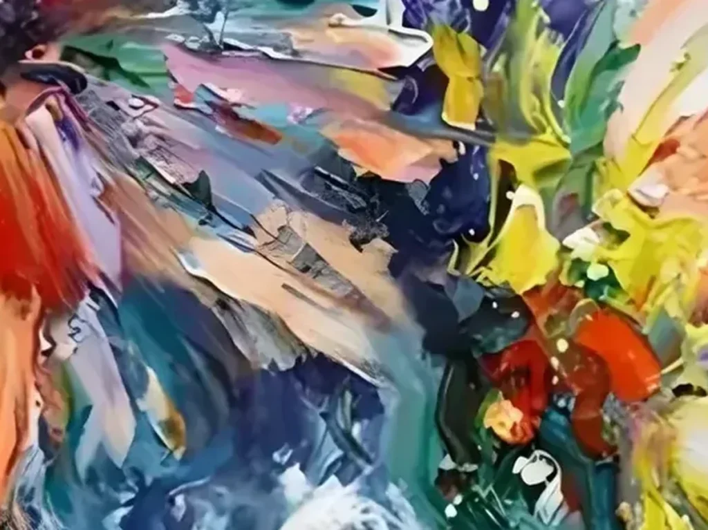 Close-up of thick palette-knife orange and red poppy petals standing off the canvas, CA04
