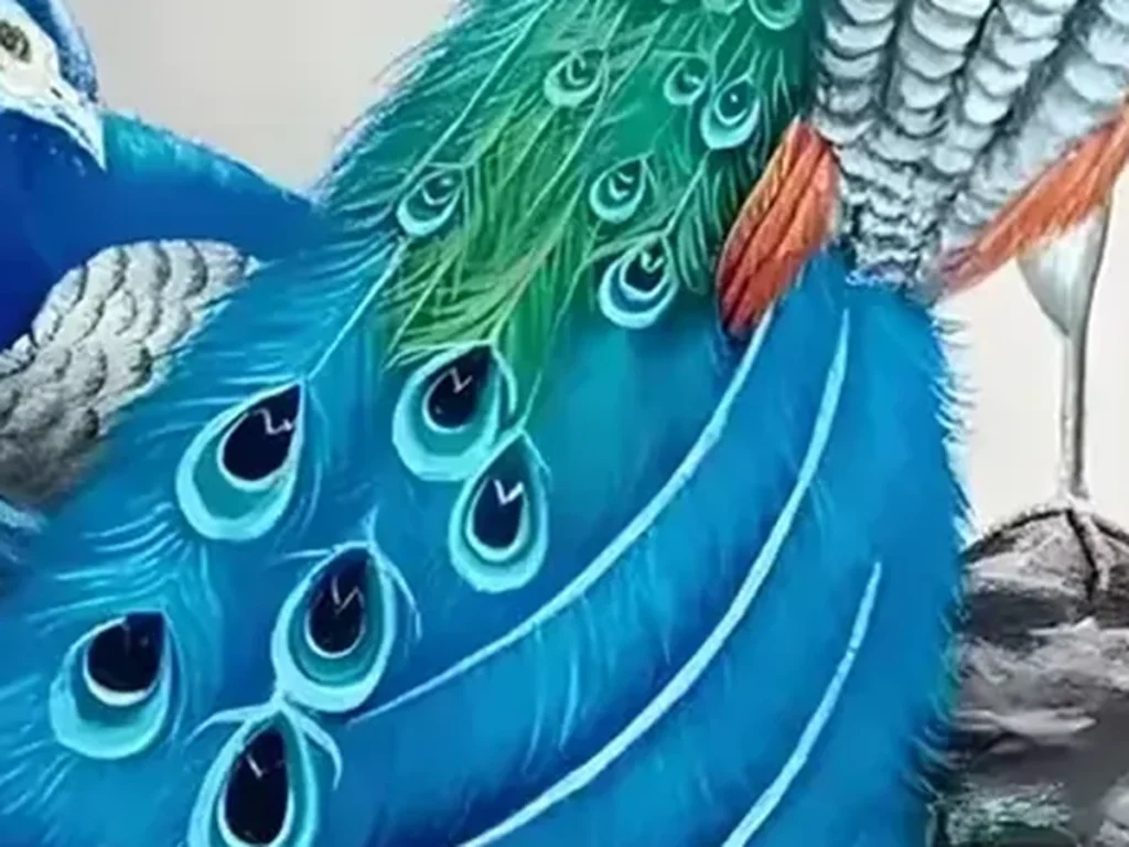 Close-up detail of the cobalt-blue peacock tail and its turquoise eye-spots in canvas painting CA05.