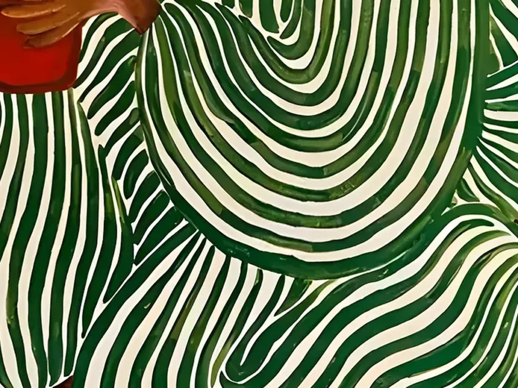 Close-up detail of the winding forest green and cream stripes wrapping the two embracing figures in canvas painting CA08.