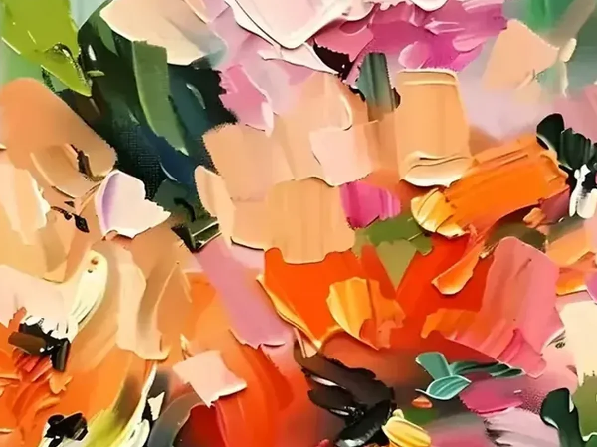 Close-up of thick palette-knife petals in coral, orange and cream oil paint on abstract floral canvas CA09.