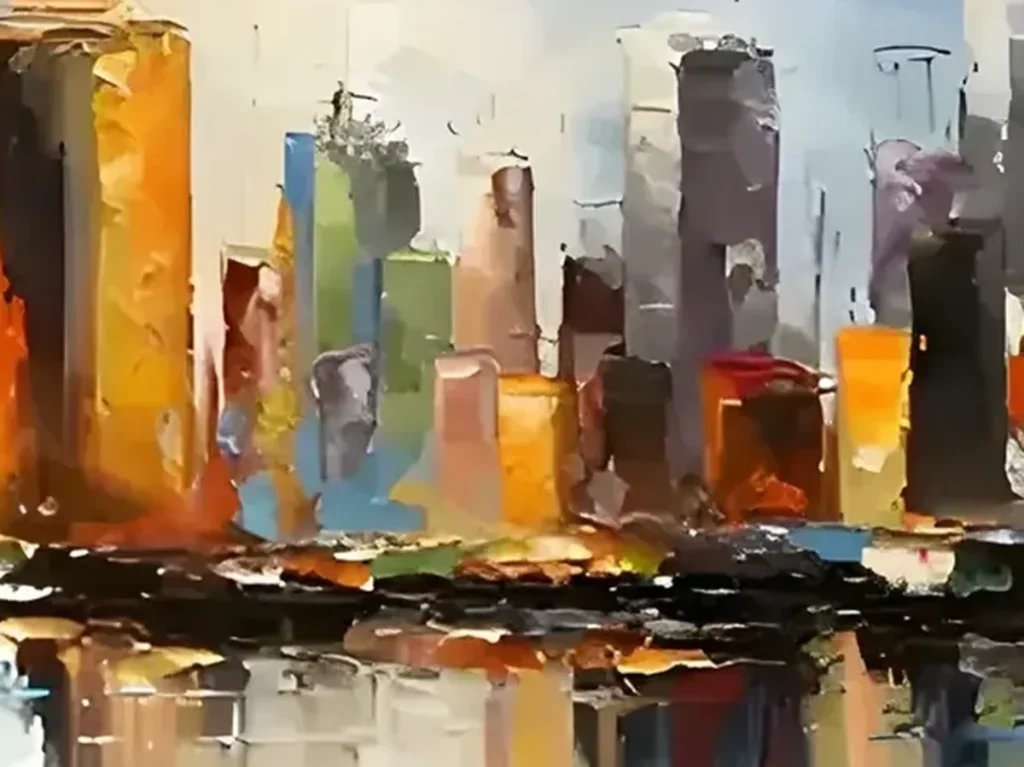 Close-up of thick palette knife strokes forming the amber tower and gray buildings on abstract cityscape canvas CA10.