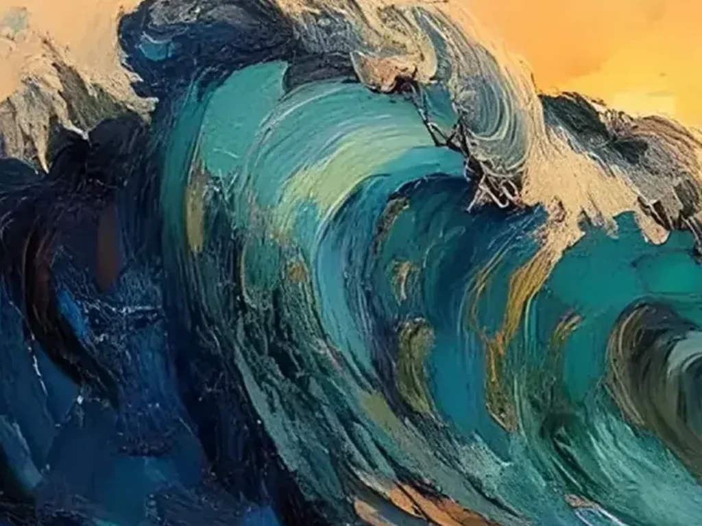 Close-up detail of thick palette knife foam and gold streaks on the teal barrel of sunset wave canvas CA11.