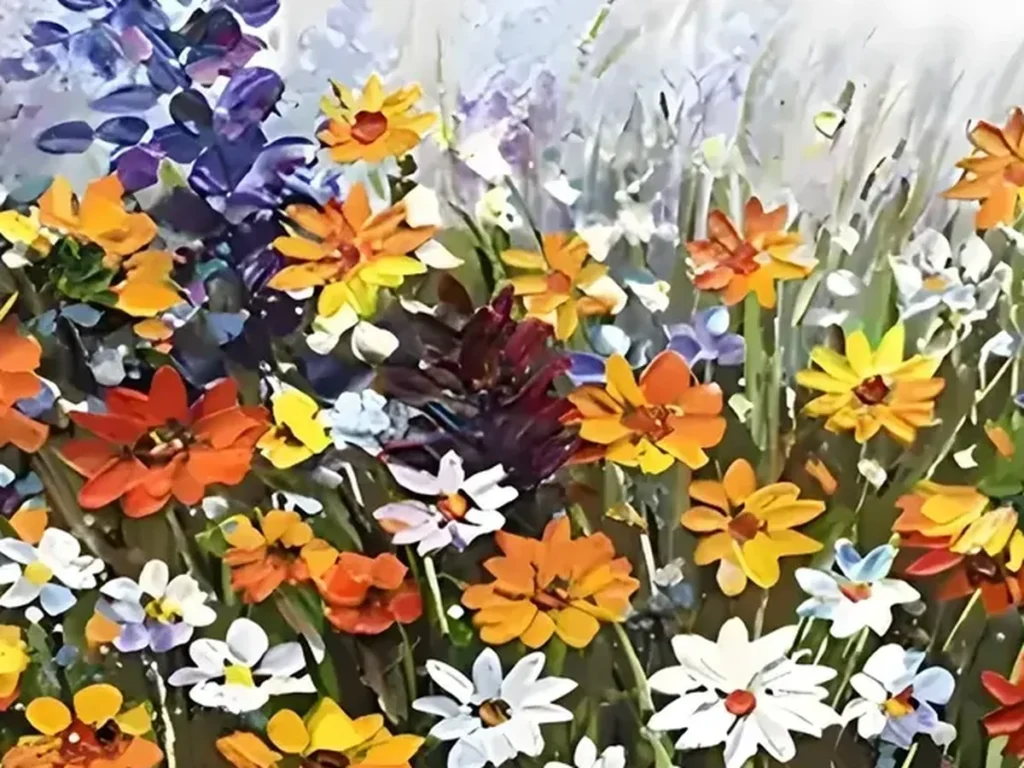 Close-up texture detail of the thick orange, yellow, and white impasto flower petals in the wildflower meadow, canvas CA12.