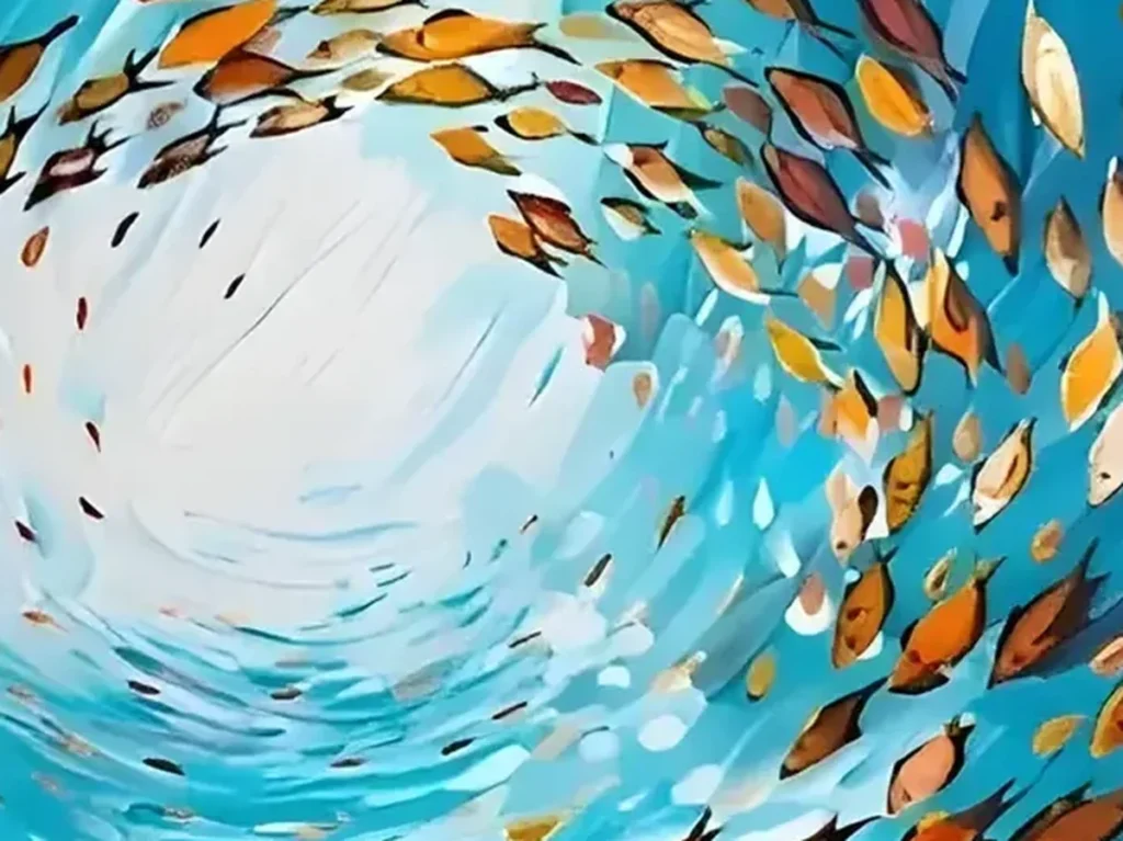 Close-up texture detail of the CA13 canvas showing thick impasto strokes of copper, rust, and amber fish standing off deep blue and turquoise water.