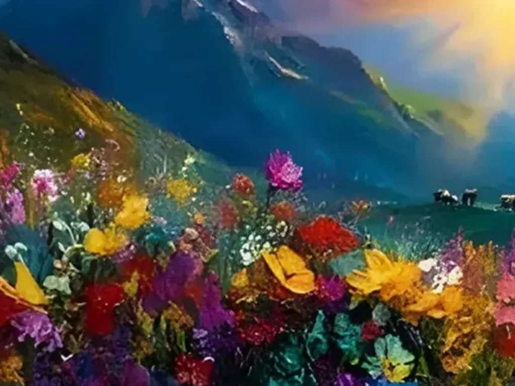 Close-up texture detail of the CA14 canvas showing thick impasto wildflowers in magenta, gold, and red standing off the surface beneath a gold sunrise sky.
