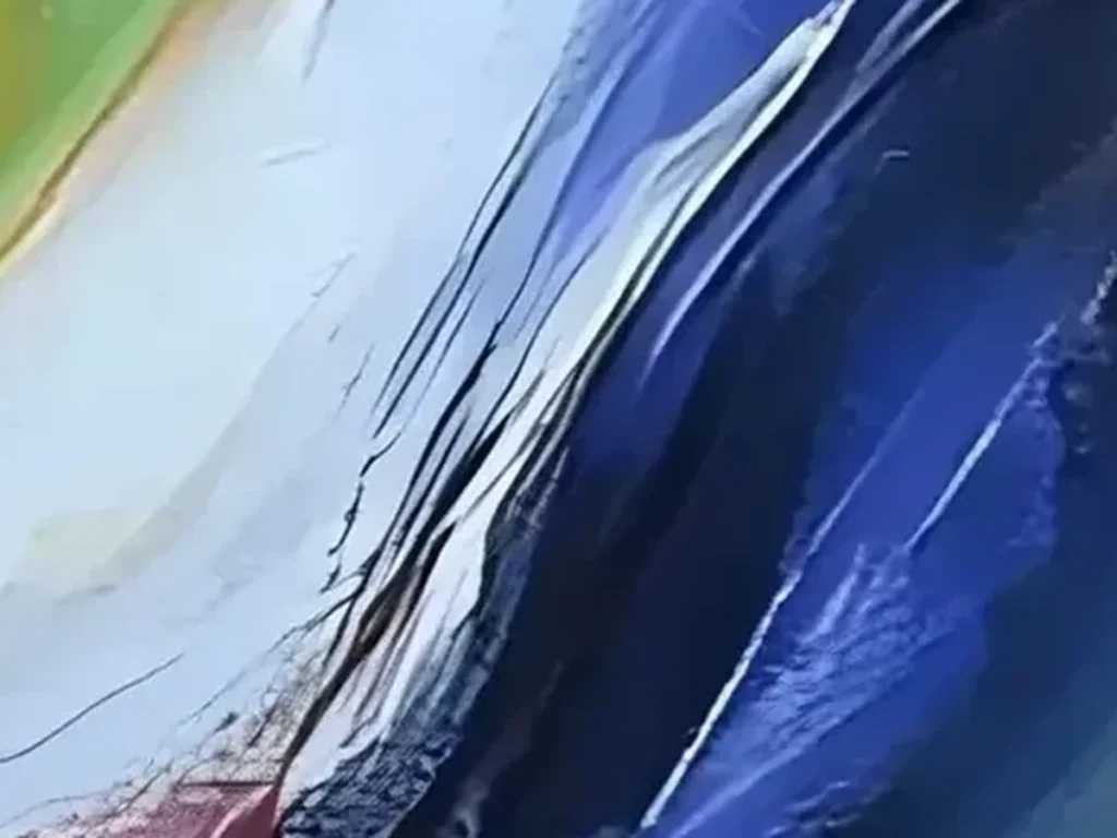 Close-up of the flowing cobalt and amber ribbons on abstract canvas CA15