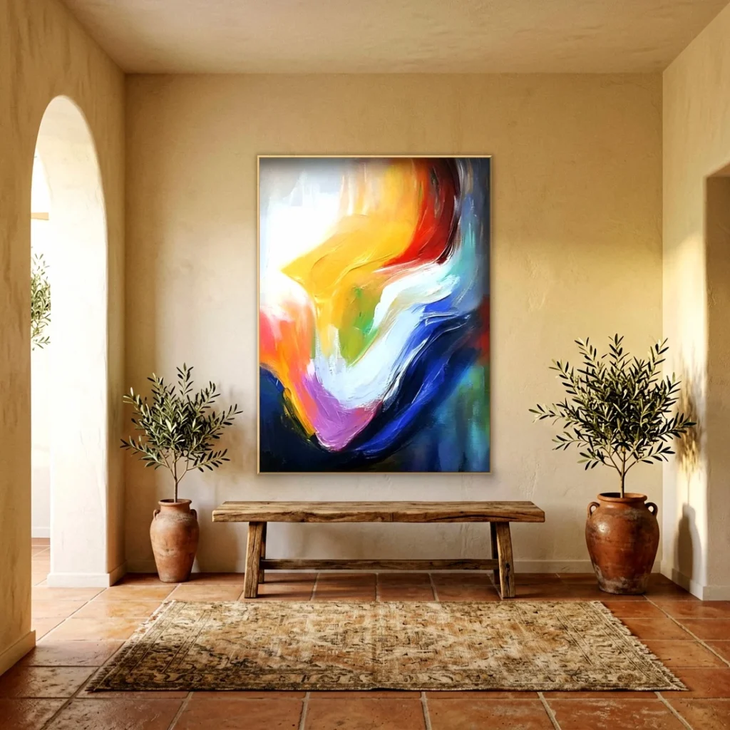 Colorful abstract canvas painting of amber, red, cobalt and violet impasto swirls in a slim gold frame, hung on a warm beige plaster wall above a rustic wood bench.