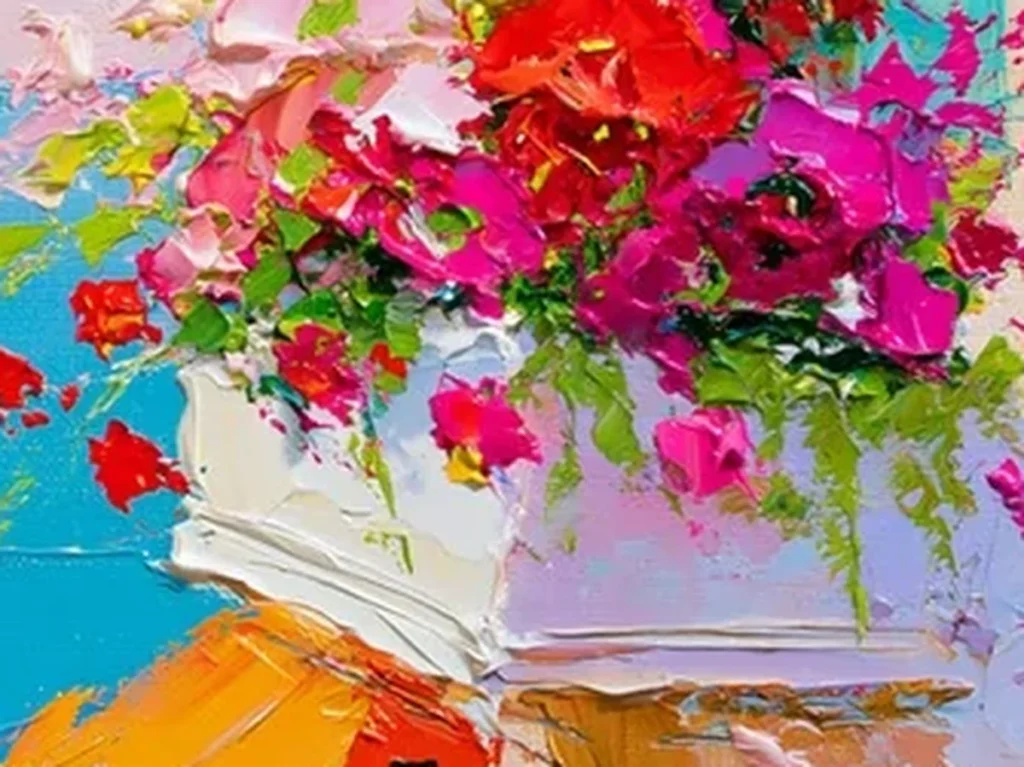 Detail crop of coastal village painting CA16 showing thick palette knife petals in hot pink and magenta above the turquoise sea