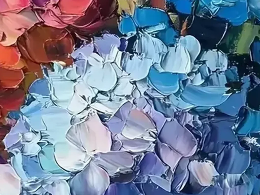 Close-up of thick palette-knife petals on the blue and magenta hydrangea heads in painting CA17.