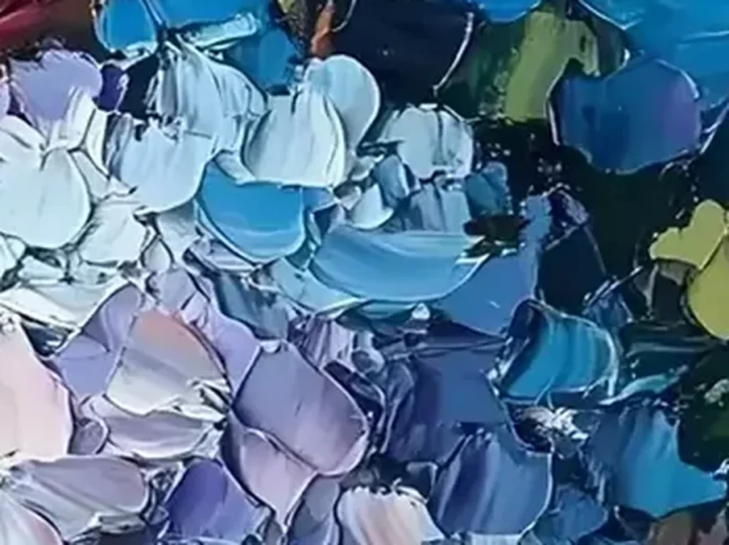Extreme macro of a single raised petal stroke on the cobalt-blue hydrangea head, showing ridges of thick paint in CA17.