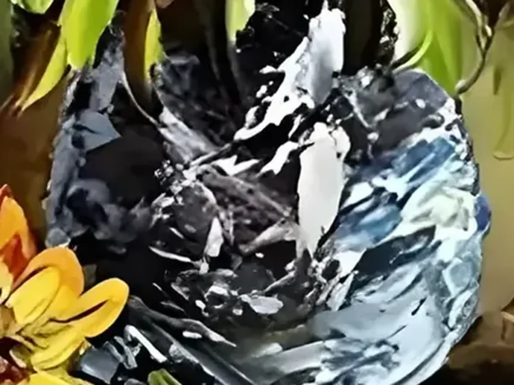 Close-up of thick palette-knife sunflower petals in bright yellow and gold around a dark brown center, textured impasto detail, CA18.