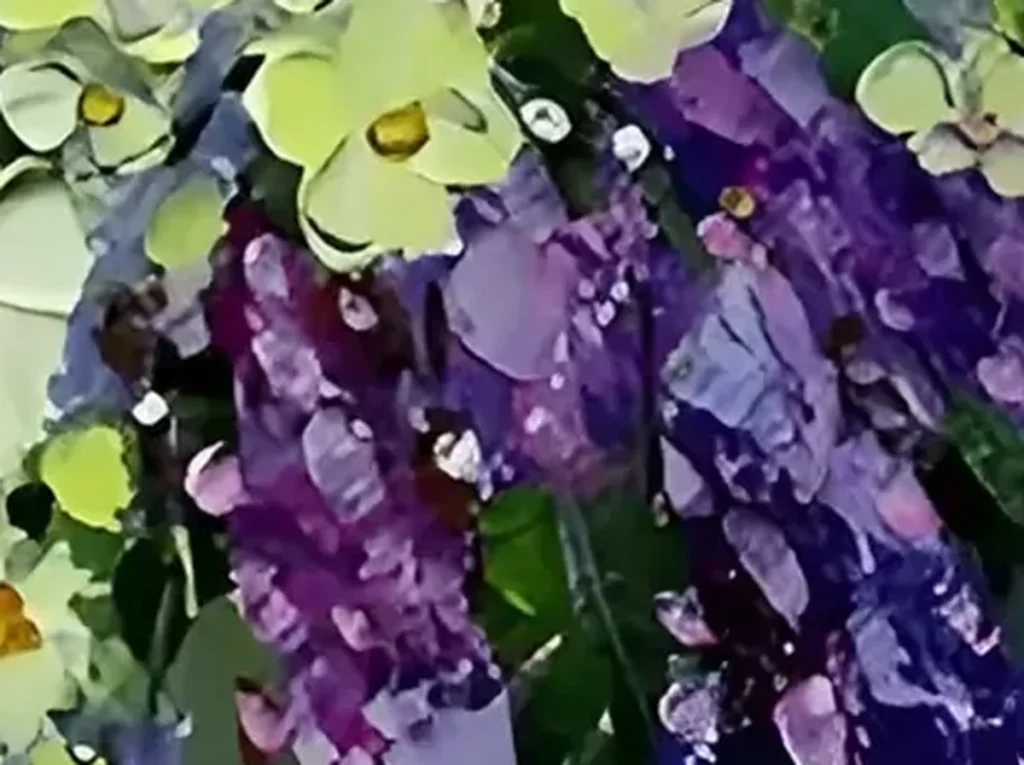 Close-up of thick palette-knife white and purple flower petals with small golden centers against a periwinkle-blue field, impasto detail, CA19.