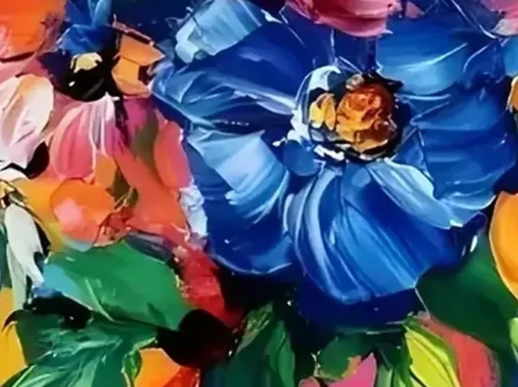 Close-up of thick palette-knife rose petals and a cobalt-blue bloom in maximalist flower painting CA20.