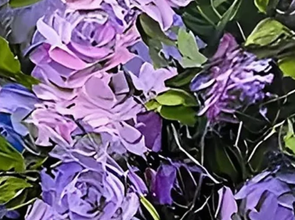 Close-up texture detail of the thick impasto purple and lavender rose petals in floral canvas CA23