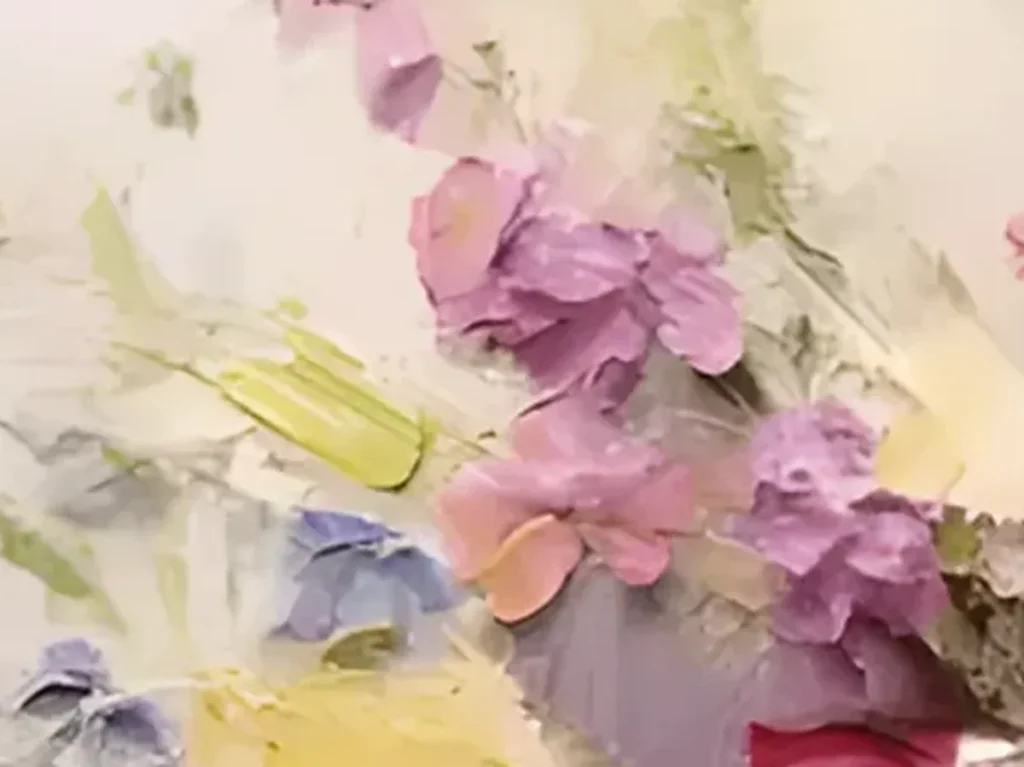 Close-up texture detail of the thick palette-knife white daisy and pink rose petals in floral bouquet painting CA24