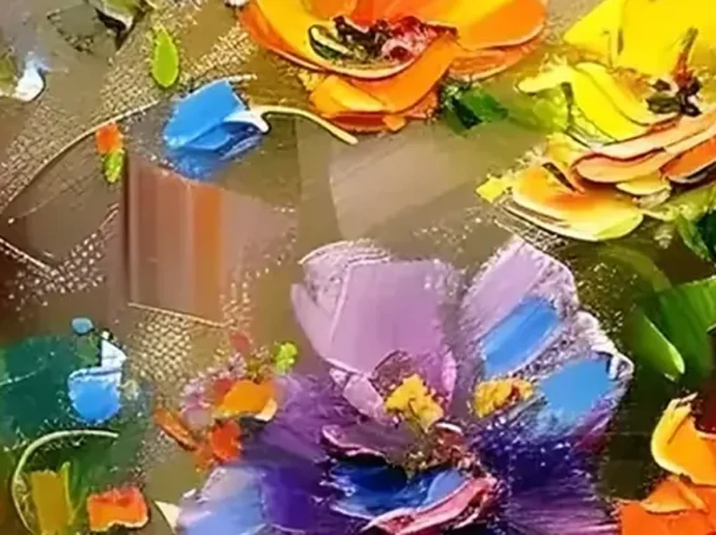 Close-up detail of the thick orange-red impasto petals and troweled cream background on amber and red flower bouquet canvas CA25.