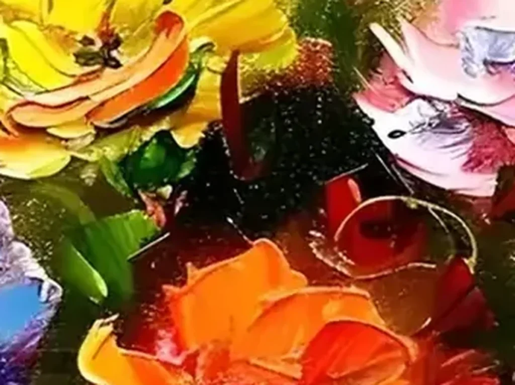 Extreme macro of a single knife-built orange-red petal ridge and its raised paint edge on flower bouquet canvas CA25.