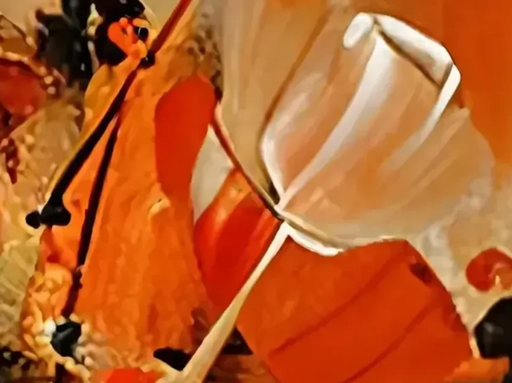 Close-up of thick rust orange petals and glossy black poppy centers with combed knife texture, abstract floral painting CA27