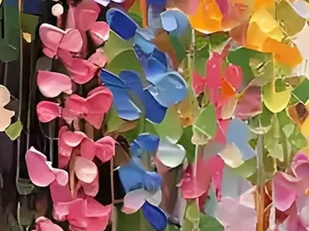 Close-up of thick palette-knife blossoms in blue, pink, and coral cascading down colorful wisteria canvas CA28.