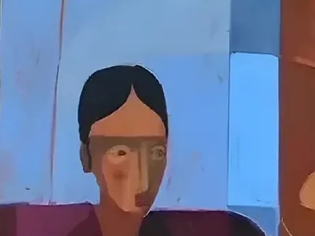 Close-up of the faceted matte faces and terracotta and blue color planes in cubist four women figurative canvas CA29.