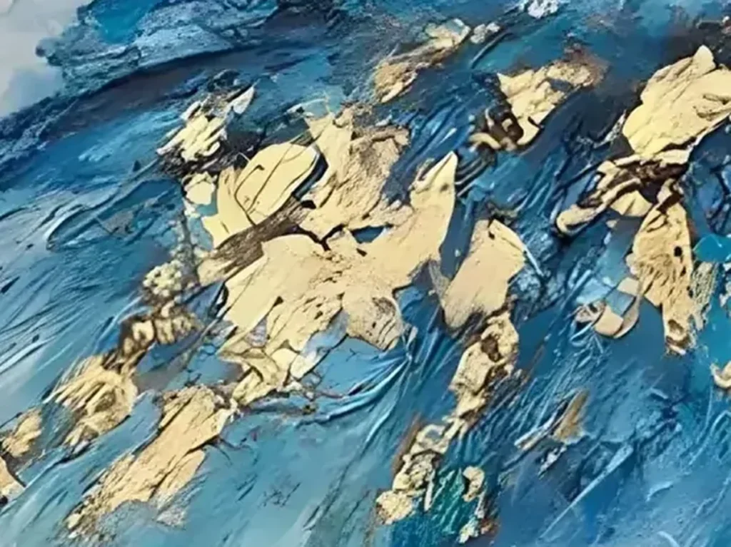 Close-up of the raised gold leaf flakes and thick blue palette-knife strokes in the tutu on the dancer painting CA30