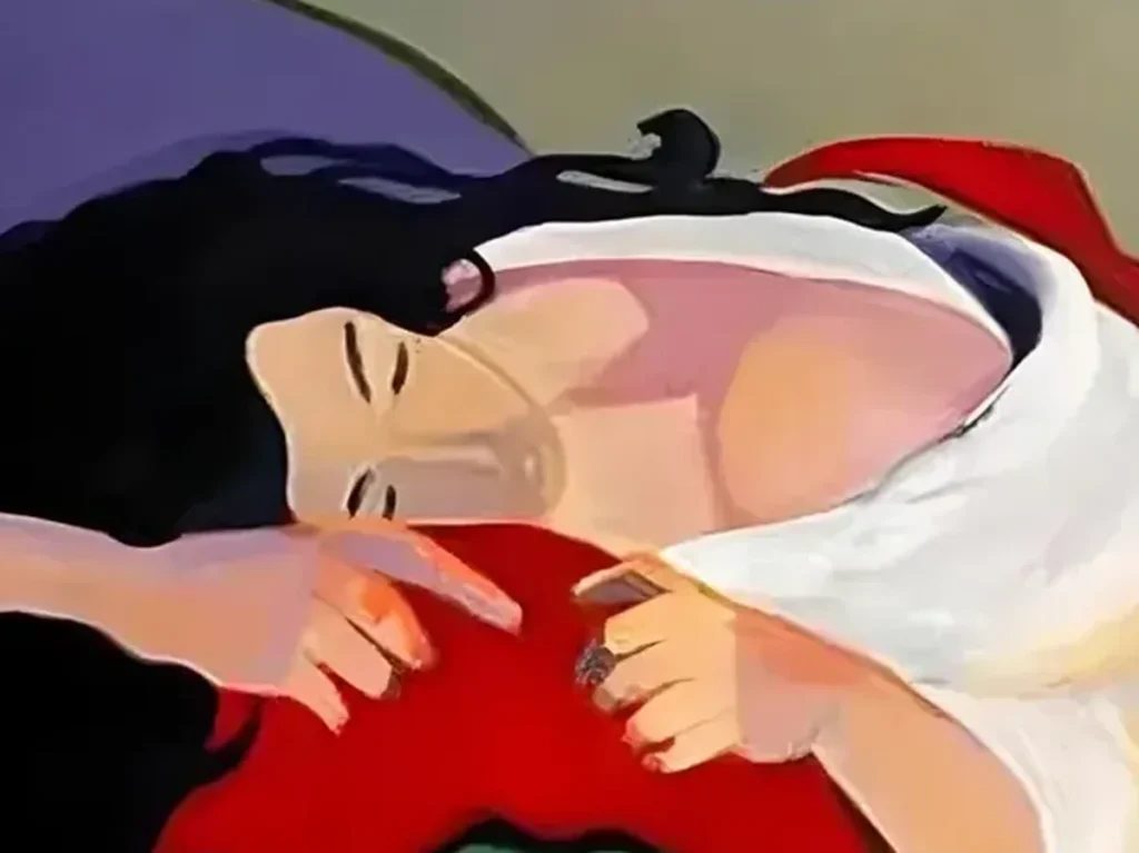 Close-up of the ruby red drapery meeting the white dress in the expressionist lady and cat painting CA32, showing the bold flat brushwork on canvas.