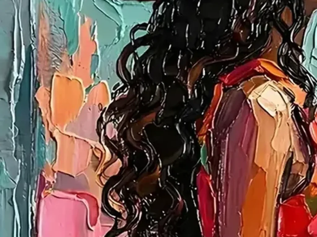 Close-up of the thick ruby, orange, and teal palette-knife blocks forming the dress in the woman in a sunhat painting CA33.