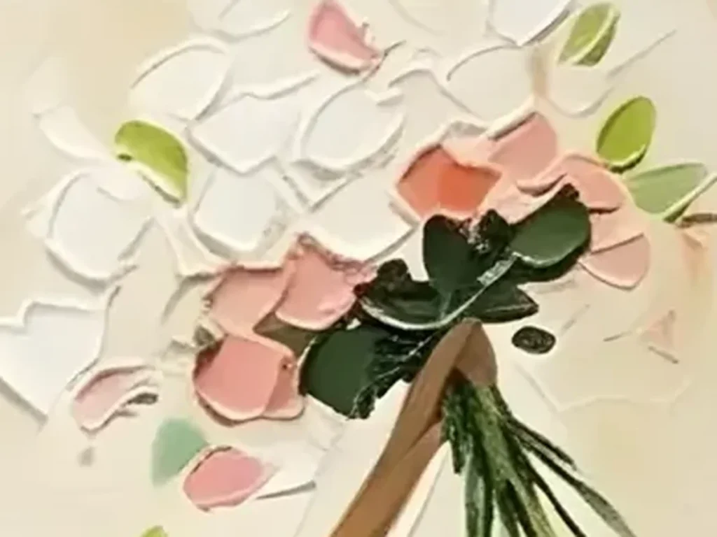 Close-up of the thick palette-knife petals in the pink and white bouquet above the figure, showing the raised impasto texture of green figure painting CA34.