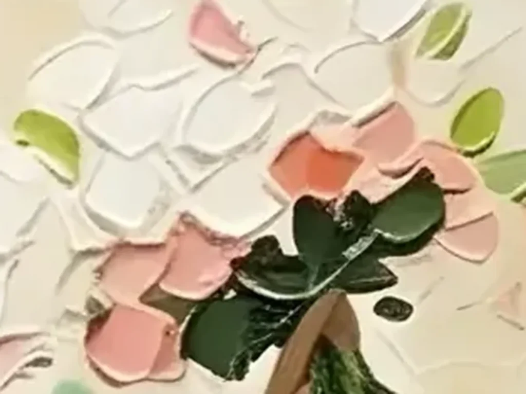 Extreme macro of a single loaded knife stroke where a pink petal meets the cream background, revealing the ridged paint of canvas CA34.