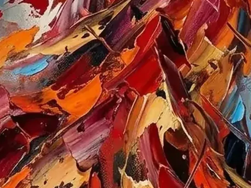Close-up of the crimson, orange, and gold palette-knife strokes in the figure's sweeping skirt, showing the thick impasto texture of cello painting CA35.