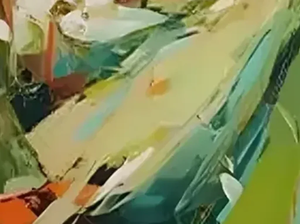 Close-up of the thick emerald and teal palette-knife strokes in the dancer's green skirt in ballerina painting CA36.