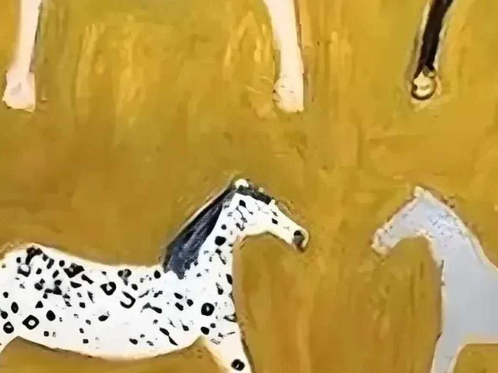 Close-up of one hand-painted folk horse on the golden-ochre field in the naive horse painting CA37, showing the visible oil brushwork in the coat and background.