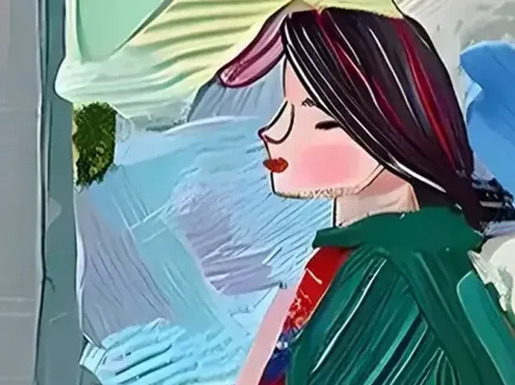 Close-up of the palette-knife texture on the emerald green coat and pastel color blocks in figurative canvas CA38, showing combed ridges of paint.
